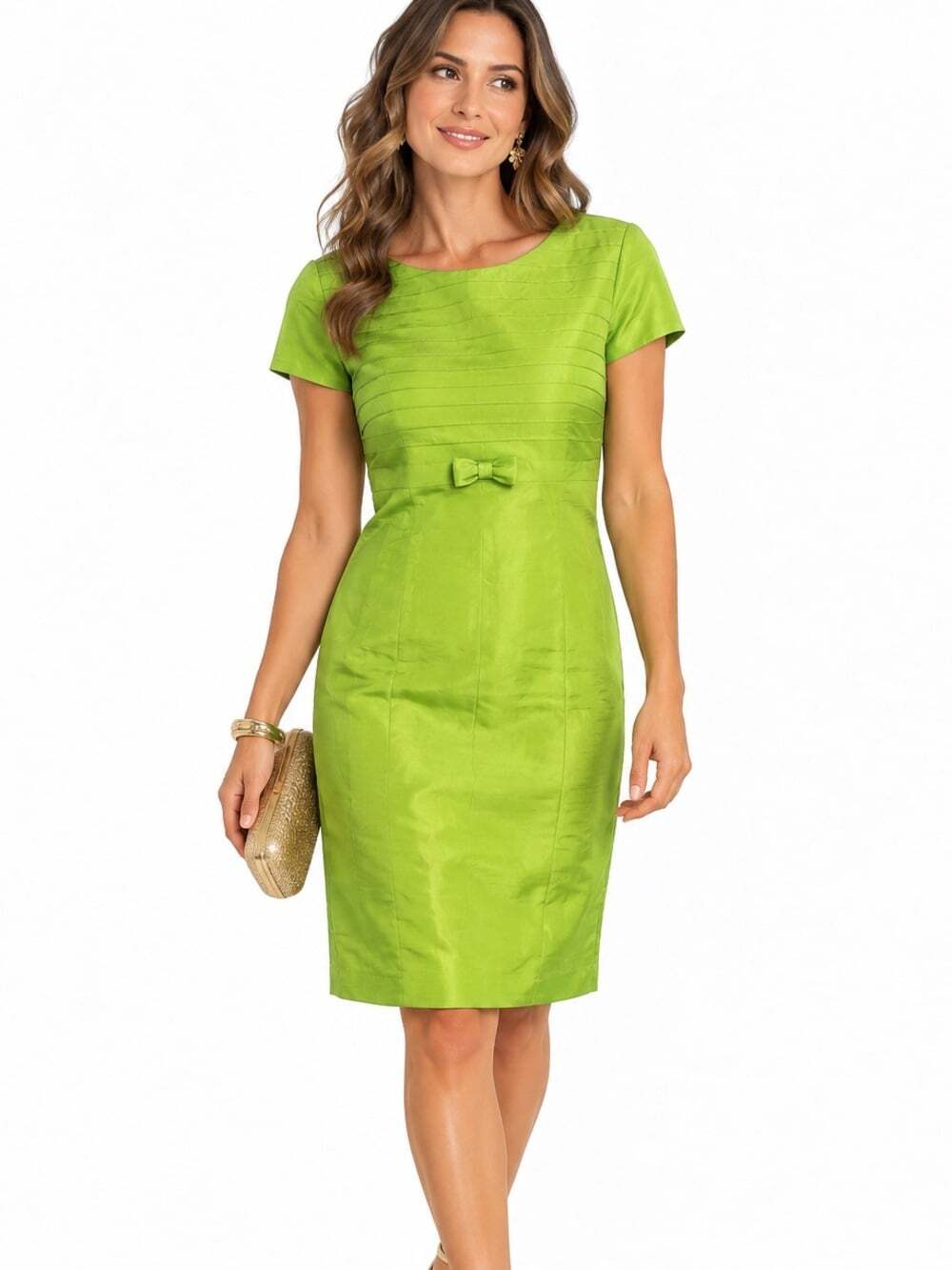 Talbots 100% Silk Sheath Dress 14P Chartreuse Green Bow Waist Petite Cocktail